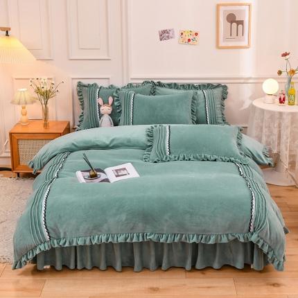 91家纺网 家纺一手货源 找家纺 绒兔兔 2021牛奶绒韩版揪花床裙四件套 豆绿