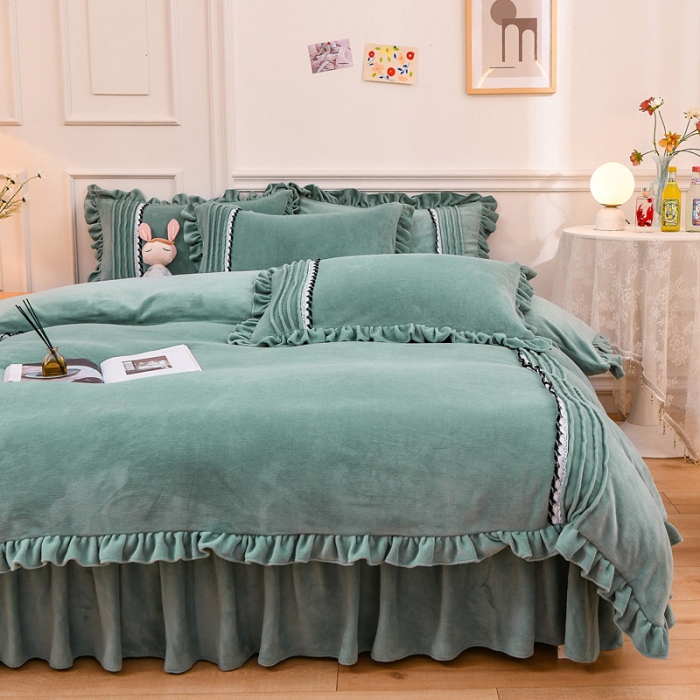 91家纺网 家纺一手货源 找家纺 绒兔兔 2021牛奶绒韩版揪花床裙四件套 豆绿