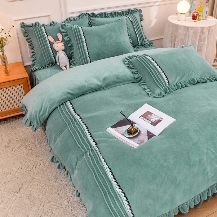 91家纺网 家纺一手货源 找家纺 绒兔兔 2021牛奶绒韩版揪花床裙四件套 豆绿