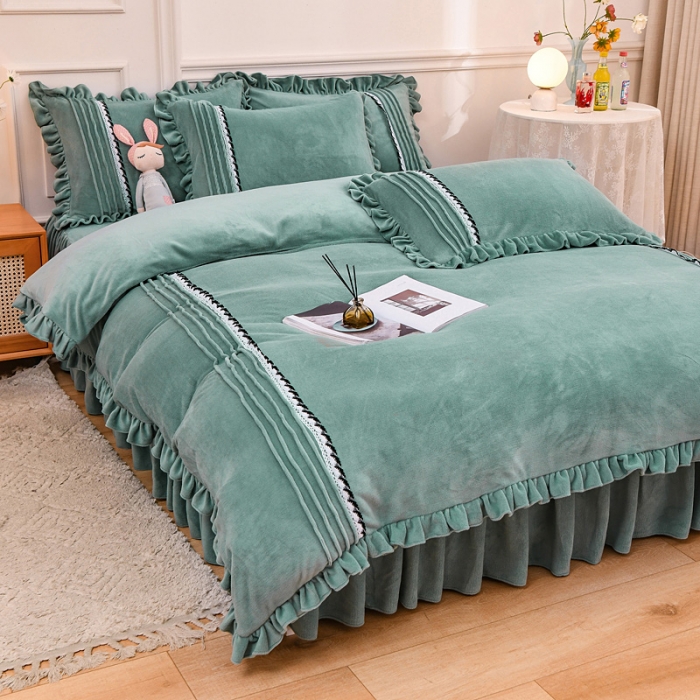 91家纺网 家纺一手货源 找家纺 绒兔兔 2021牛奶绒韩版揪花床裙四件套 豆绿