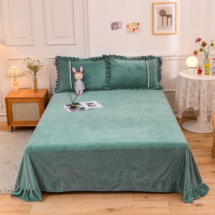 91家纺网 家纺一手货源 找家纺 绒兔兔 2021牛奶绒韩版揪花床裙四件套 豆绿