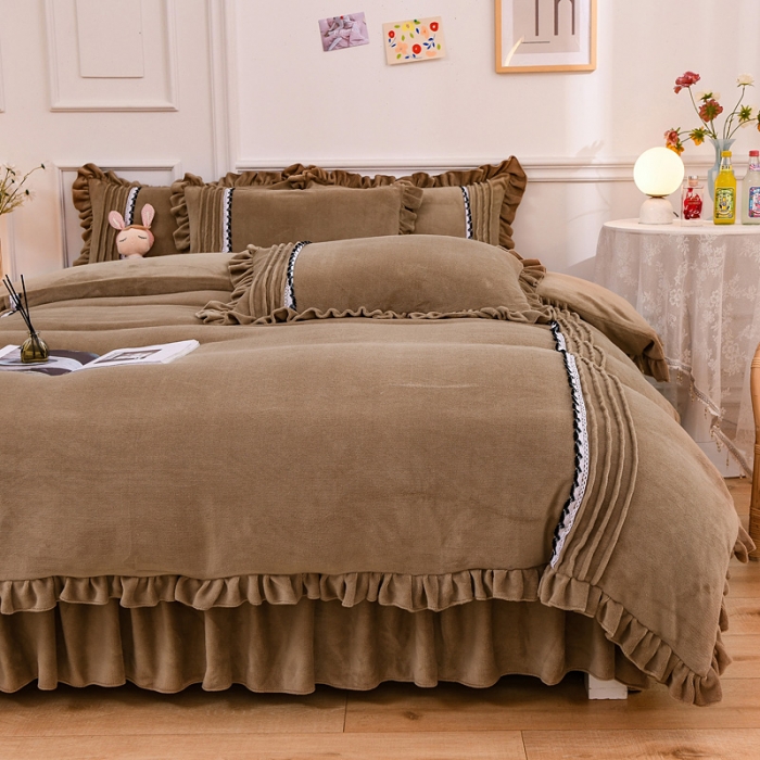 91家纺网 家纺一手货源 找家纺 绒兔兔 2021牛奶绒韩版揪花床裙四件套 咖啡