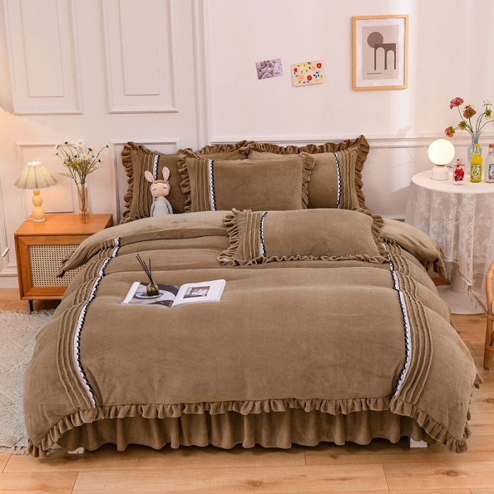 91家纺网 家纺一手货源 找家纺 绒兔兔 2021牛奶绒韩版揪花床裙四件套 咖啡