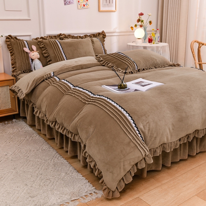 91家纺网 家纺一手货源 找家纺 绒兔兔 2021牛奶绒韩版揪花床裙四件套 咖啡