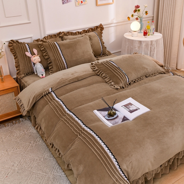 91家纺网 家纺一手货源 找家纺 绒兔兔 2021牛奶绒韩版揪花床裙四件套 咖啡