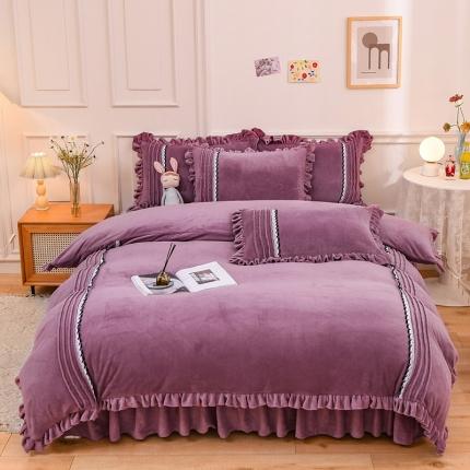 91家纺网 家纺一手货源 找家纺 绒兔兔 2021牛奶绒韩版揪花床裙四件套 魅紫
