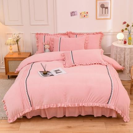 91家纺网 家纺一手货源 找家纺 绒兔兔 2021牛奶绒韩版揪花床裙四件套 嫩粉