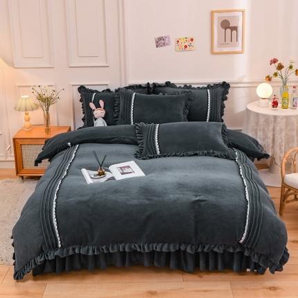 91家纺网 家纺一手货源 找家纺 绒兔兔 2021牛奶绒韩版揪花床裙四件套 太空灰