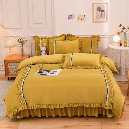 91家纺网 家纺一手货源 找家纺 绒兔兔 2021牛奶绒韩版揪花床裙四件套 土黄