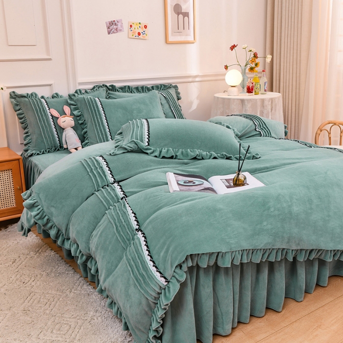 91家纺网 家纺一手货源 找家纺 绒兔兔 2021牛奶绒韩版揪花床裙四件套 豆绿