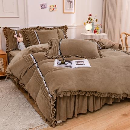 绒兔兔 2021牛奶绒韩版揪花床裙四件套 咖啡