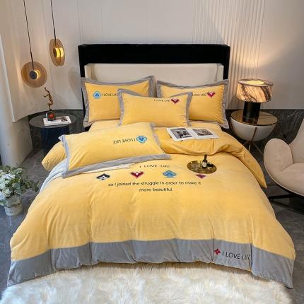 91家纺网 家纺一手货源 找家纺 澳梵 2021【艾利克斯】婴儿绒轻奢风刺绣四件套 艾利克斯-黄