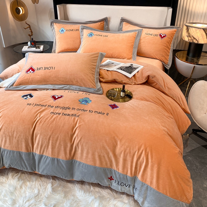 91家纺网 家纺一手货源 找家纺 澳梵 2021【艾利克斯】婴儿绒轻奢风刺绣四件套 艾利克斯-橙