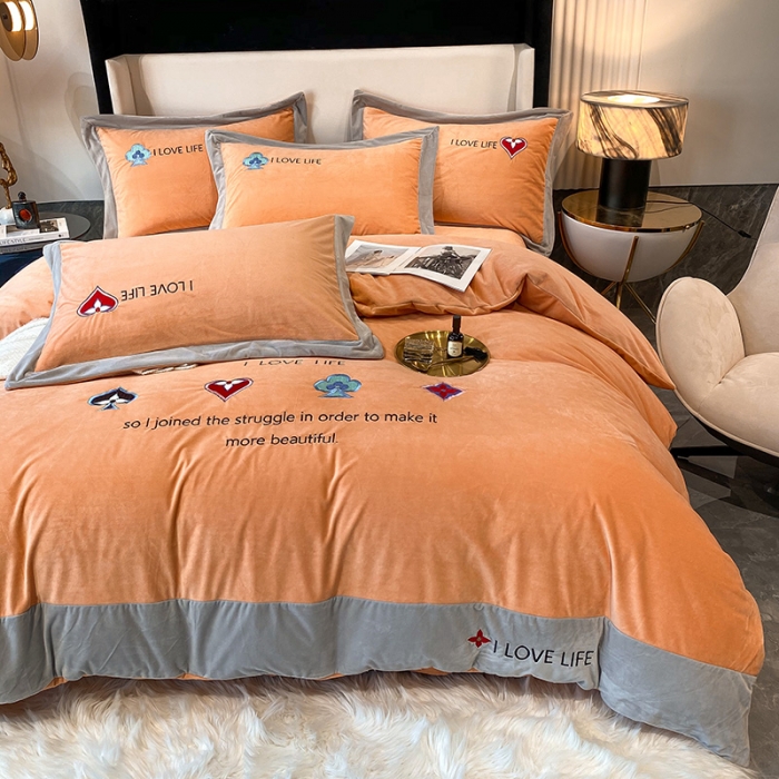 91家纺网 家纺一手货源 找家纺 澳梵 2021【艾利克斯】婴儿绒轻奢风刺绣四件套 艾利克斯-橙