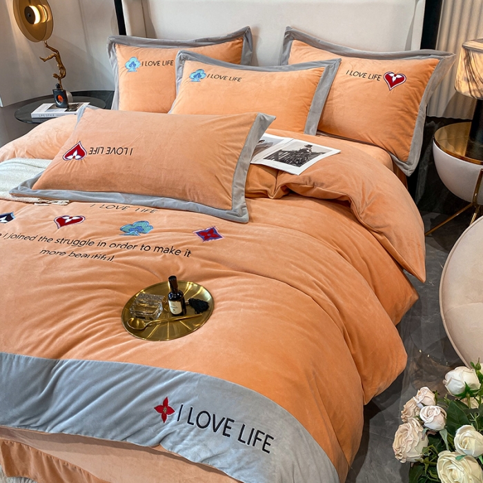 91家纺网 家纺一手货源 找家纺 澳梵 2021【艾利克斯】婴儿绒轻奢风刺绣四件套 艾利克斯-橙