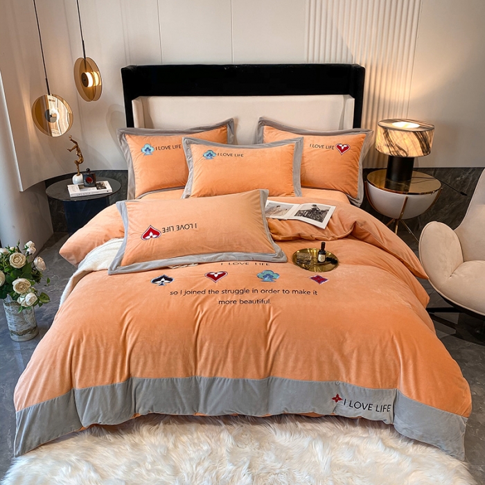 91家纺网 家纺一手货源 找家纺 澳梵 2021【艾利克斯】婴儿绒轻奢风刺绣四件套 艾利克斯-橙