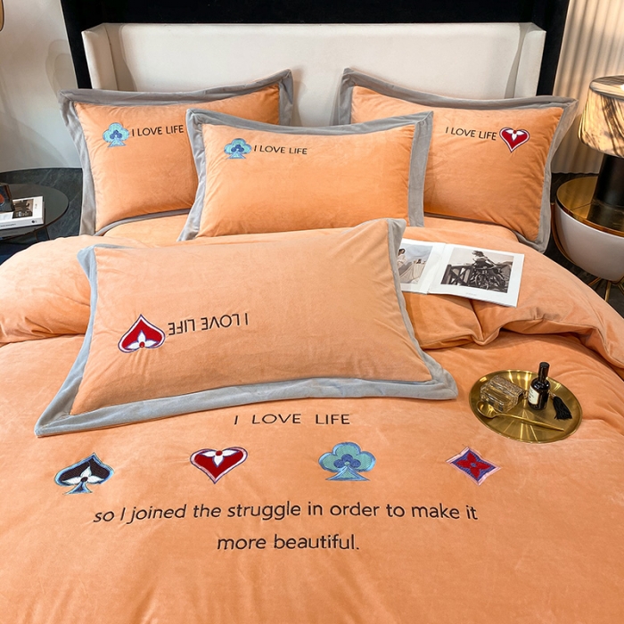 91家纺网 家纺一手货源 找家纺 澳梵 2021【艾利克斯】婴儿绒轻奢风刺绣四件套 艾利克斯-橙