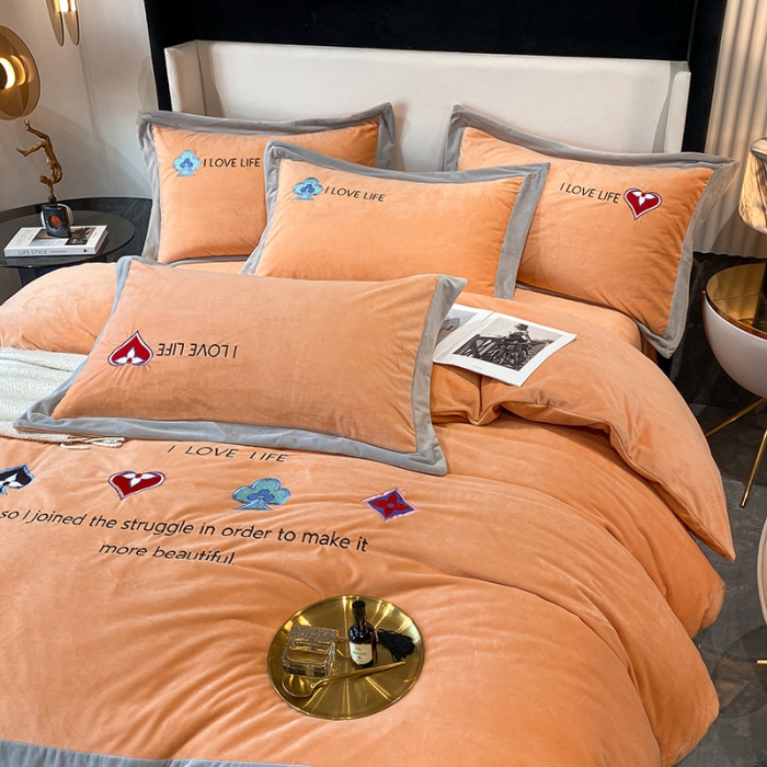 91家纺网 家纺一手货源 找家纺 澳梵 2021【艾利克斯】婴儿绒轻奢风刺绣四件套 艾利克斯-橙