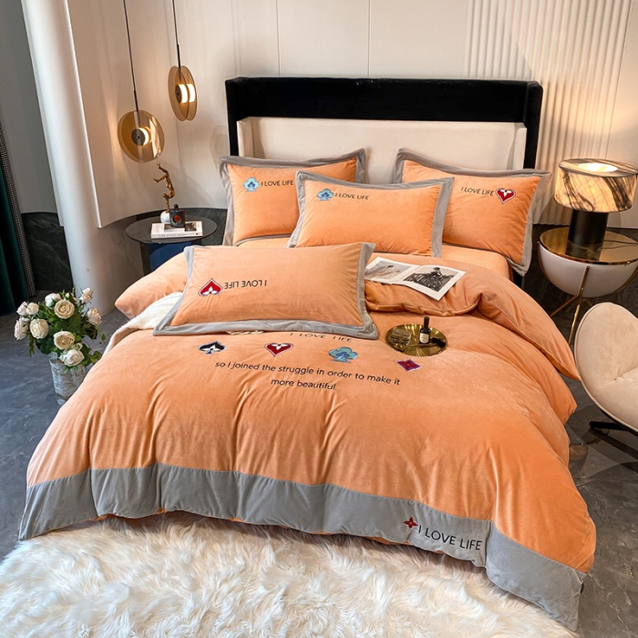 91家纺网 家纺一手货源 找家纺 澳梵 2021【艾利克斯】婴儿绒轻奢风刺绣四件套 艾利克斯-橙