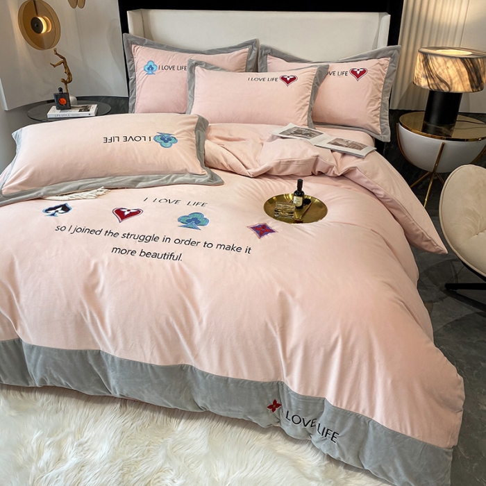 91家纺网 家纺一手货源 找家纺 澳梵 2021【艾利克斯】婴儿绒轻奢风刺绣四件套 艾利克斯-粉