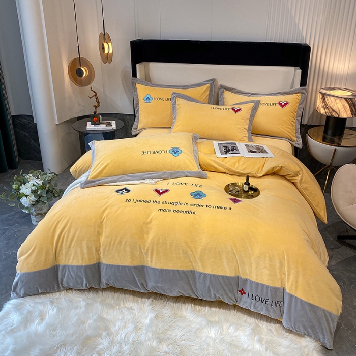 91家纺网 家纺一手货源 找家纺 澳梵 2021【艾利克斯】婴儿绒轻奢风刺绣四件套 艾利克斯-黄