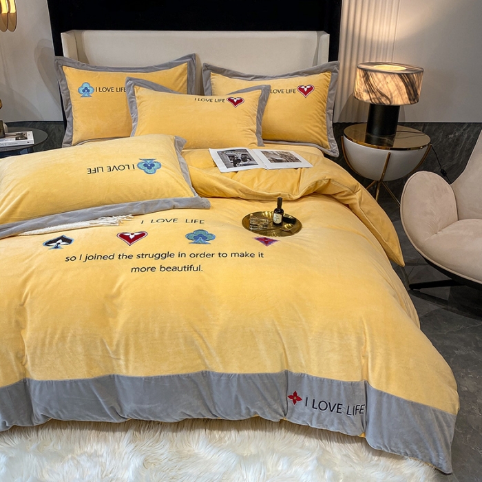 91家纺网 家纺一手货源 找家纺 澳梵 2021【艾利克斯】婴儿绒轻奢风刺绣四件套 艾利克斯-黄