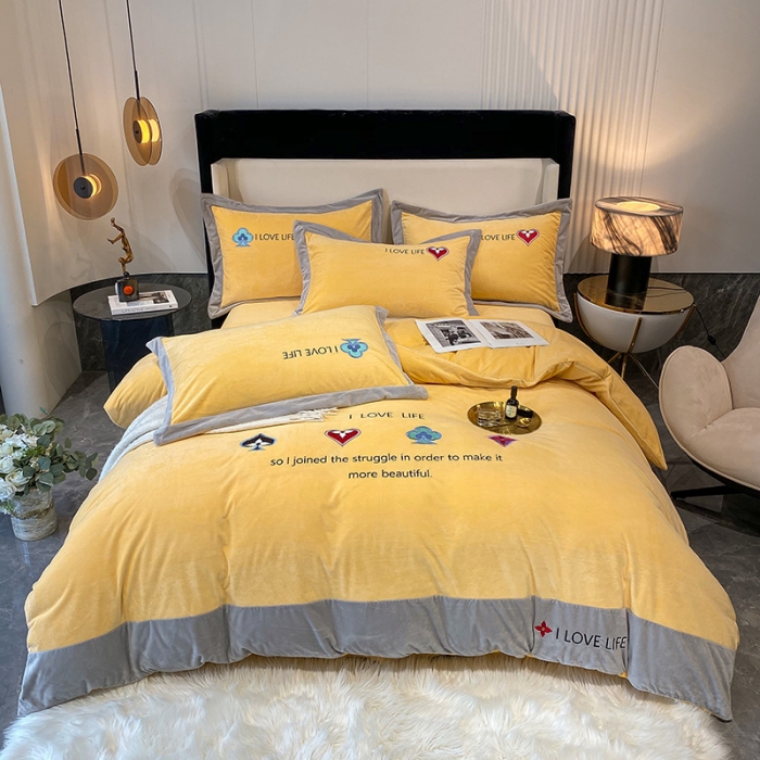 91家纺网 家纺一手货源 找家纺 澳梵 2021【艾利克斯】婴儿绒轻奢风刺绣四件套 艾利克斯-黄