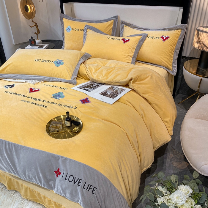 91家纺网 家纺一手货源 找家纺 澳梵 2021【艾利克斯】婴儿绒轻奢风刺绣四件套 艾利克斯-黄