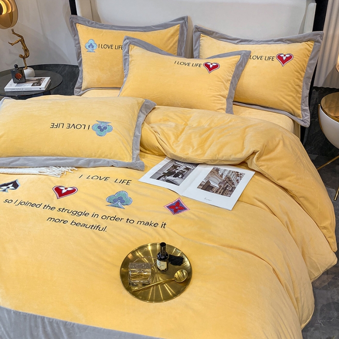 91家纺网 家纺一手货源 找家纺 澳梵 2021【艾利克斯】婴儿绒轻奢风刺绣四件套 艾利克斯-黄