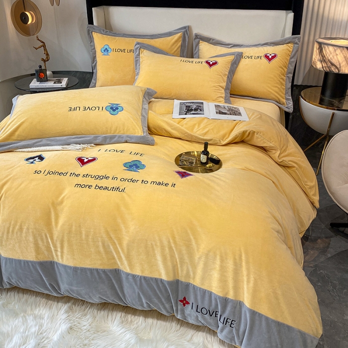 91家纺网 家纺一手货源 找家纺 澳梵 2021【艾利克斯】婴儿绒轻奢风刺绣四件套 艾利克斯-黄