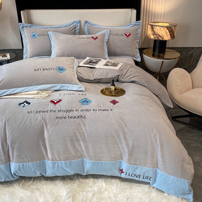 91家纺网 家纺一手货源 找家纺 澳梵 2021【艾利克斯】婴儿绒轻奢风刺绣四件套 艾利克斯-灰