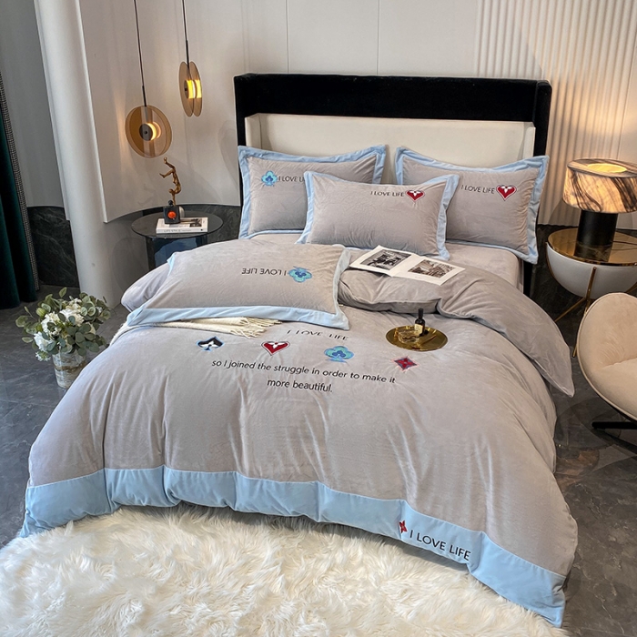 91家纺网 家纺一手货源 找家纺 澳梵 2021【艾利克斯】婴儿绒轻奢风刺绣四件套 艾利克斯-灰