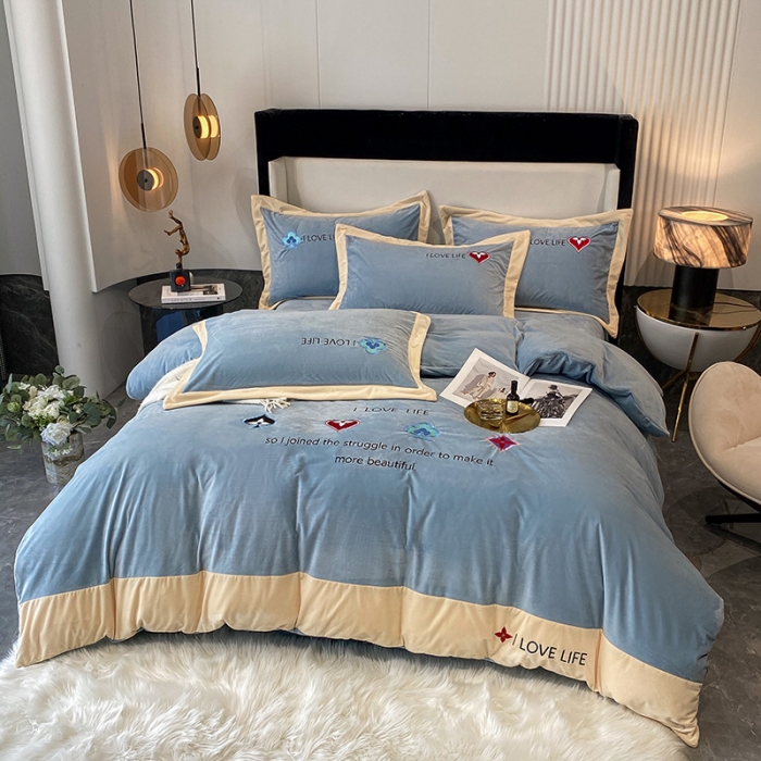 91家纺网 家纺一手货源 找家纺 澳梵 2021【艾利克斯】婴儿绒轻奢风刺绣四件套 艾利克斯-蓝灰