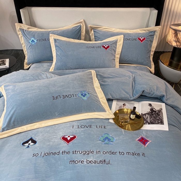 91家纺网 家纺一手货源 找家纺 澳梵 2021【艾利克斯】婴儿绒轻奢风刺绣四件套 艾利克斯-蓝灰