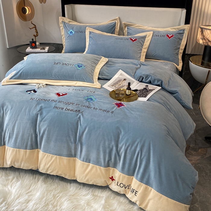 91家纺网 家纺一手货源 找家纺 澳梵 2021【艾利克斯】婴儿绒轻奢风刺绣四件套 艾利克斯-蓝灰