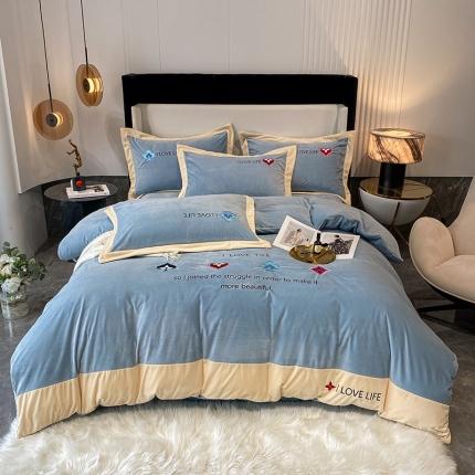 澳梵 2021【艾利克斯】婴儿绒轻奢风刺绣四件套 艾利克斯-蓝灰