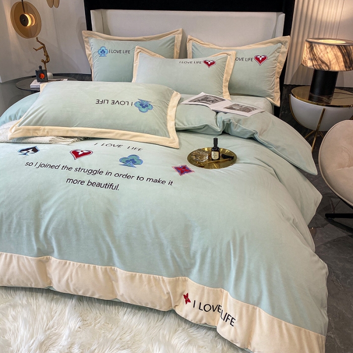 91家纺网 家纺一手货源 找家纺 澳梵 2021【艾利克斯】婴儿绒轻奢风刺绣四件套 艾利克斯-水绿