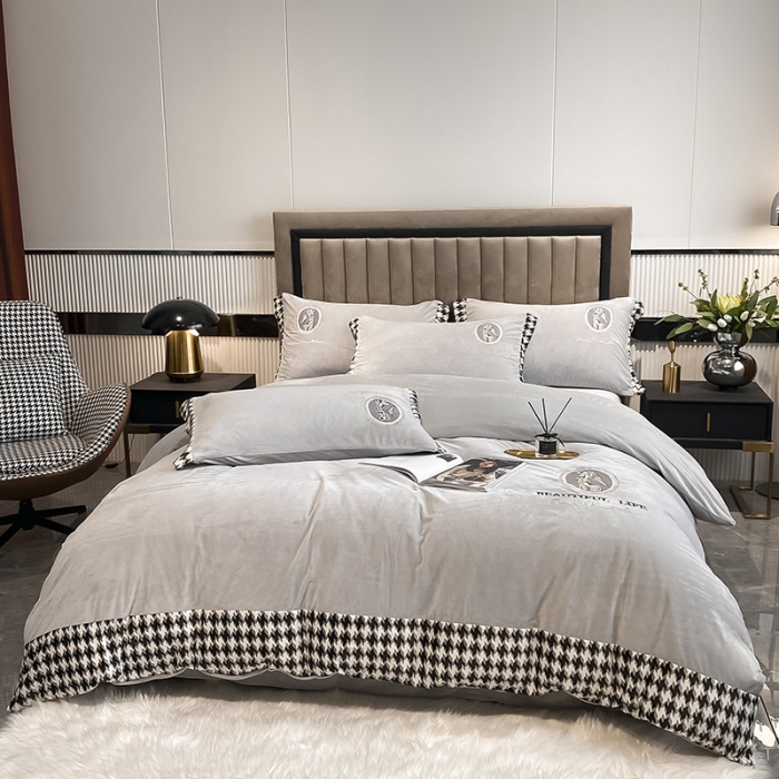 91家纺网 家纺一手货源 找家纺 澳梵 2021【爱神系列】婴儿绒轻奢风刺绣四件套 爱神-灰色