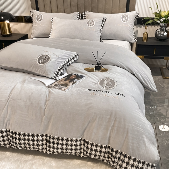 91家纺网 家纺一手货源 找家纺 澳梵 2021【爱神系列】婴儿绒轻奢风刺绣四件套 爱神-灰色