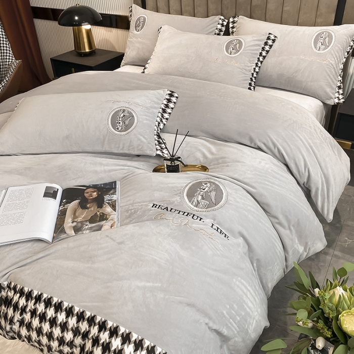 91家纺网 家纺一手货源 找家纺 澳梵 2021【爱神系列】婴儿绒轻奢风刺绣四件套 爱神-灰色