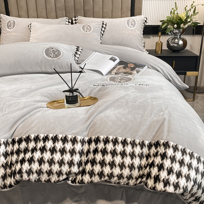 91家纺网 家纺一手货源 找家纺 澳梵 2021【爱神系列】婴儿绒轻奢风刺绣四件套 爱神-灰色