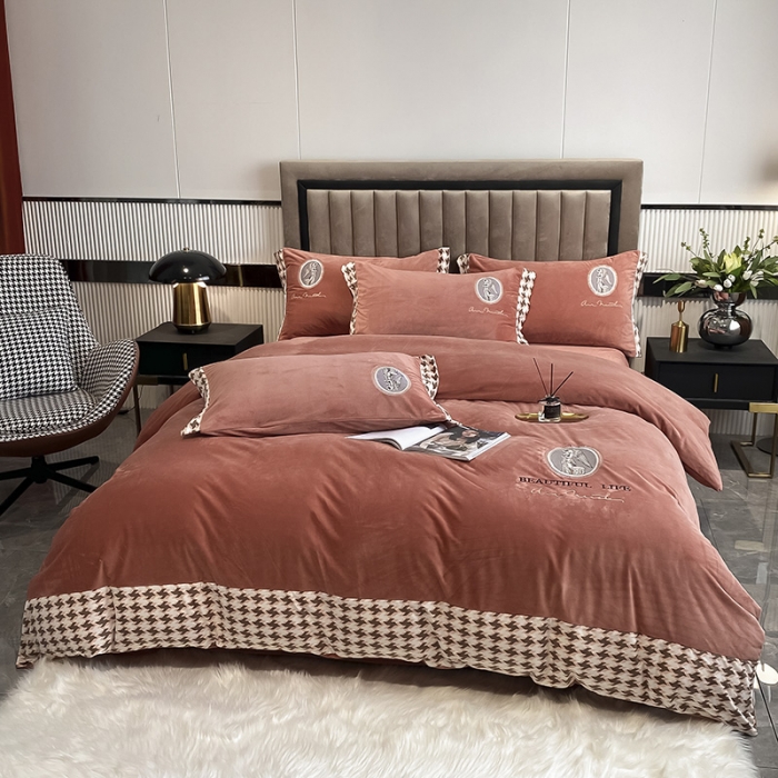 91家纺网 家纺一手货源 找家纺 澳梵 2021【爱神系列】婴儿绒轻奢风刺绣四件套 爱神-南瓜色