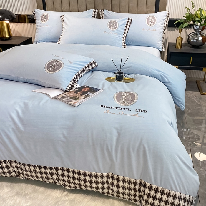 91家纺网 家纺一手货源 找家纺 澳梵 2021【爱神系列】婴儿绒轻奢风刺绣四件套 爱神-浅蓝