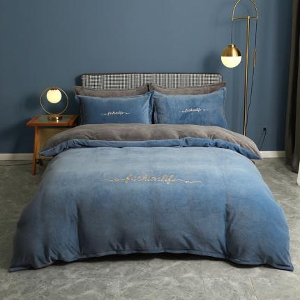 91家纺网 家纺一手货源 找家纺 朵希曼2023加厚牛奶绒四件套纯色绣花系列 时尚生活-雾霾蓝