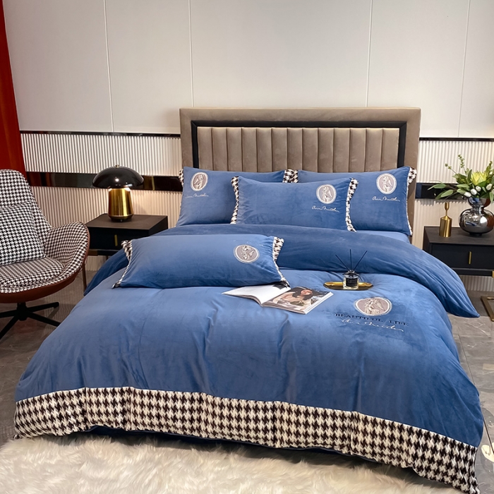 91家纺网 家纺一手货源 找家纺 澳梵 2021【爱神系列】婴儿绒轻奢风刺绣四件套 爱神-蔚蓝