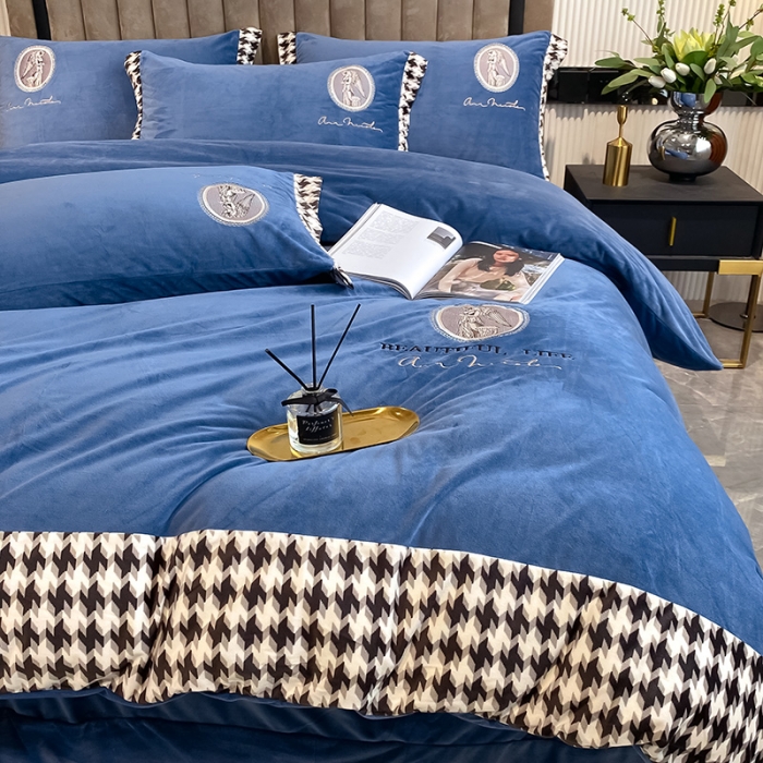 91家纺网 家纺一手货源 找家纺 澳梵 2021【爱神系列】婴儿绒轻奢风刺绣四件套 爱神-蔚蓝