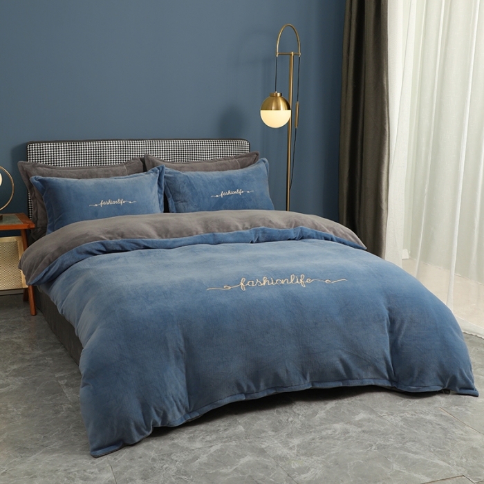 91家纺网 家纺一手货源 找家纺 朵希曼2023加厚牛奶绒四件套纯色绣花系列 时尚生活-雾霾蓝