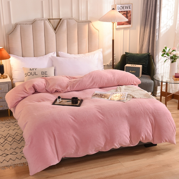 91家纺网 家纺一手货源 找家纺 甜之梦2025牛奶绒纯色拼色单品四件套被套（可定制尺寸）淡粉
