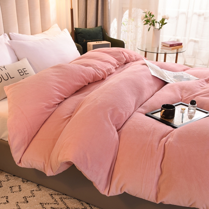91家纺网 家纺一手货源 找家纺 甜之梦2025牛奶绒纯色拼色单品四件套被套（可定制尺寸）淡粉