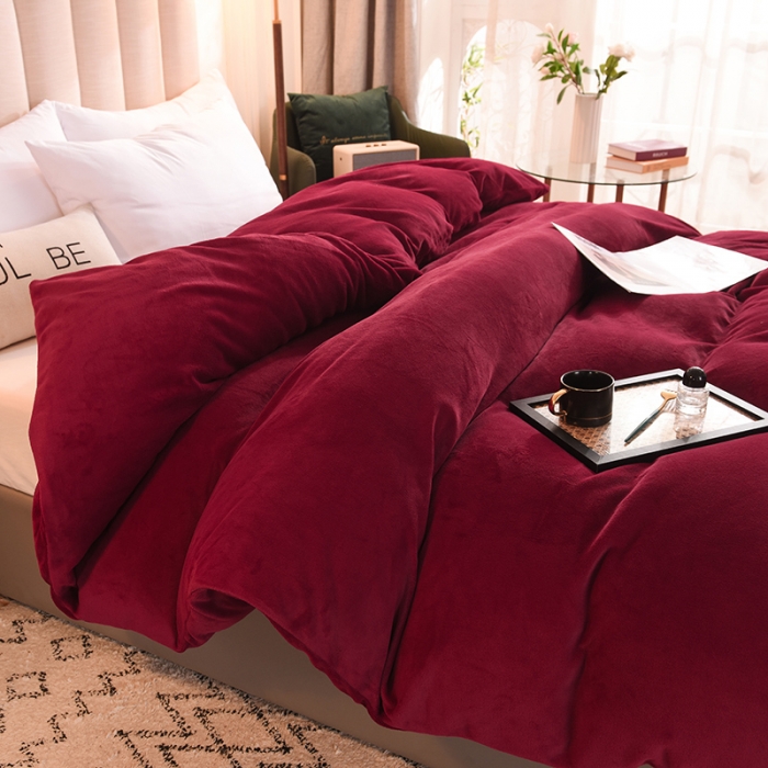 91家纺网 家纺一手货源 找家纺 甜之梦 2025牛奶绒纯色拼色单品四件套被套（可定制尺寸）洋酒红